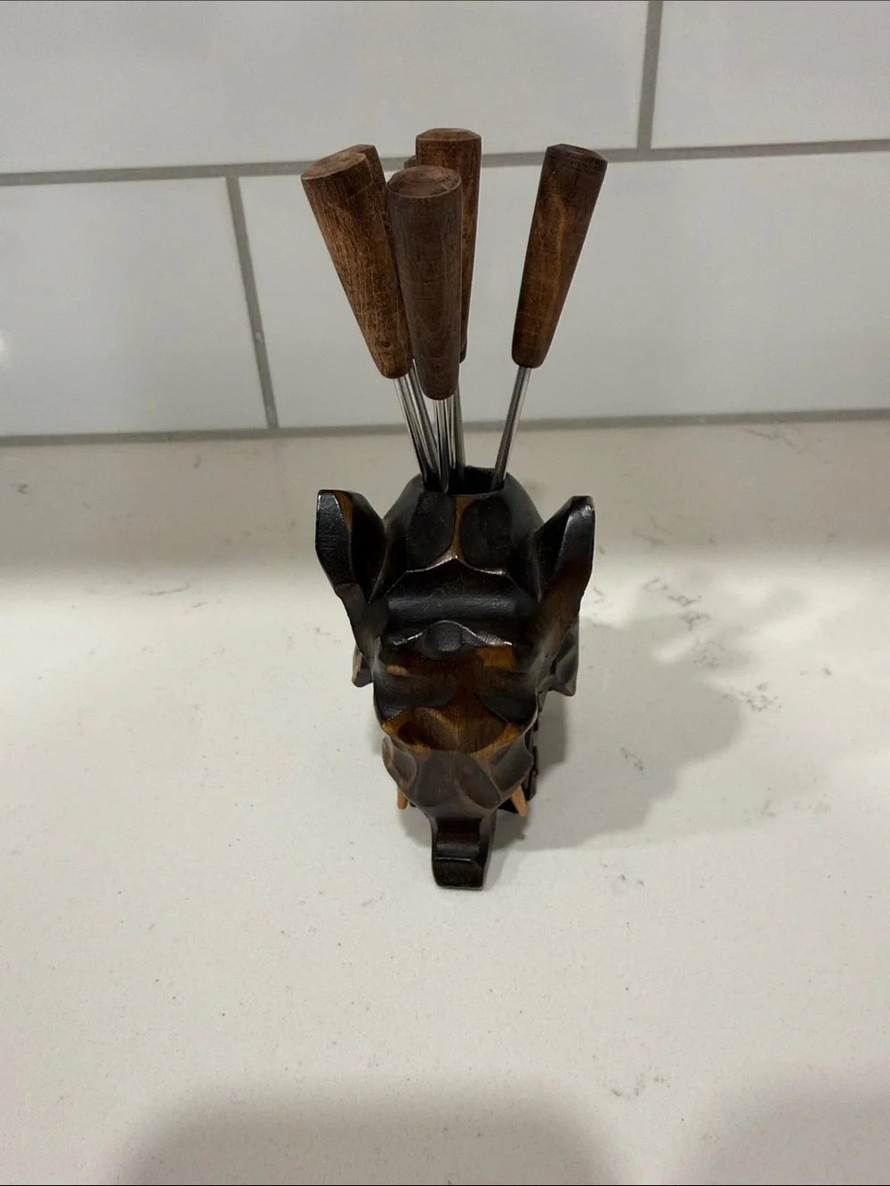 Vintage Wooden Elephant Cheese Fork Set - Brown